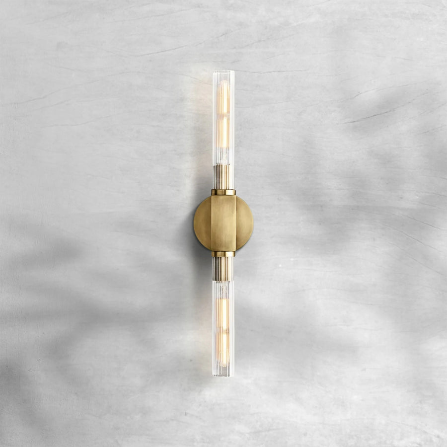 Linear Brass Wall Sconce with Ribbed Glass Hurricanes