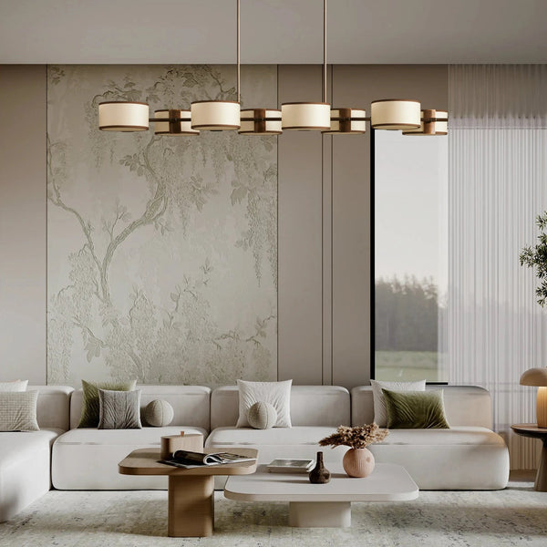 Linear Bronze Steel Chandelier with Edged Linen Shades