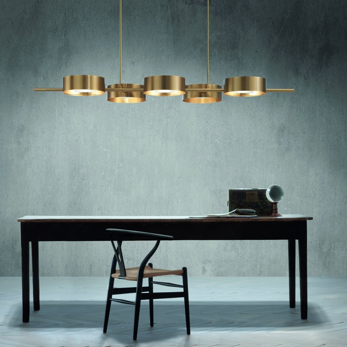 Linear Brushed Gold Metal and Glass Chandelier