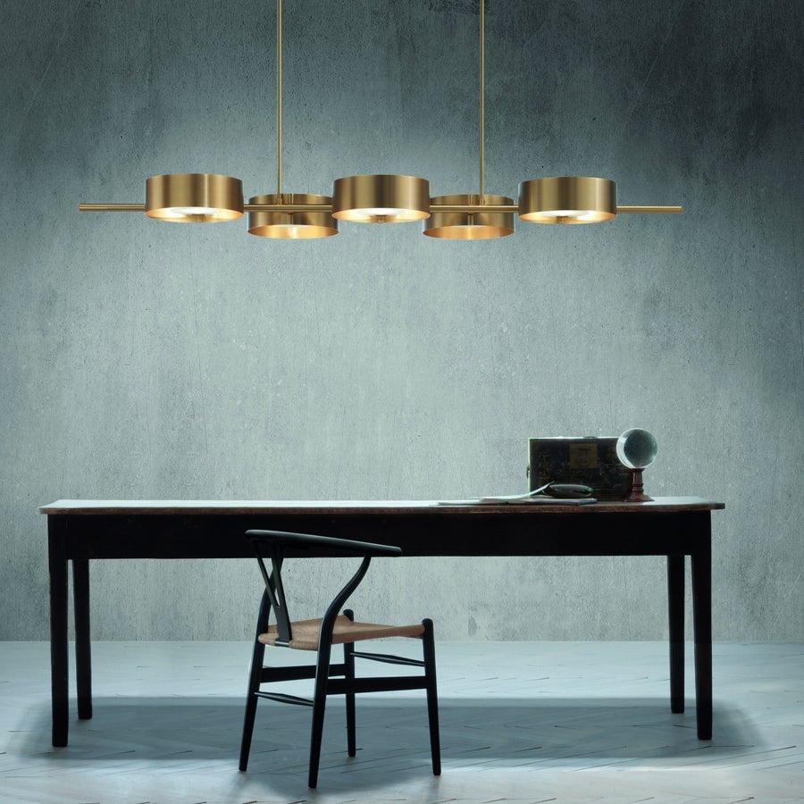 Linear Brushed Gold Metal and Glass Chandelier