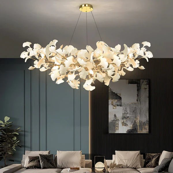 Linear Ceramic Ginkgo Leaf Metal Chandelier