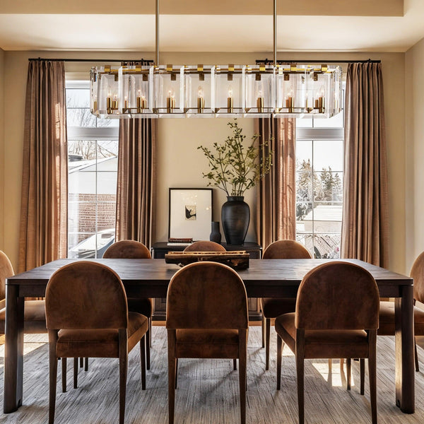 Linear Clear Crystal and Iron Rectangular Chandelier