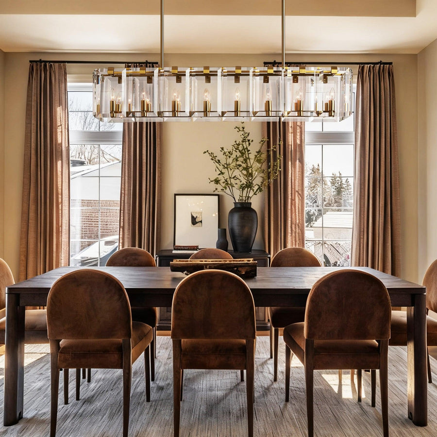 Linear Clear Crystal and Iron Rectangular Chandelier