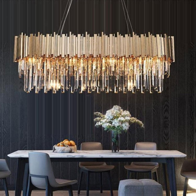 Linear Clear Crystal and Polished Steel Chandelier