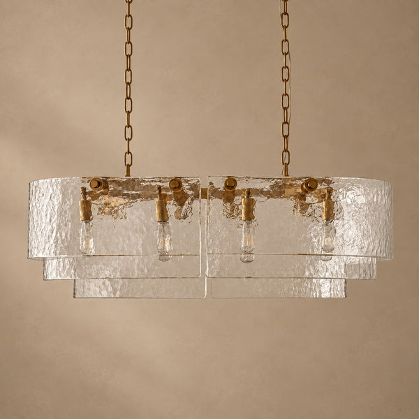 Linear Clear Glass and Brass Chandelier