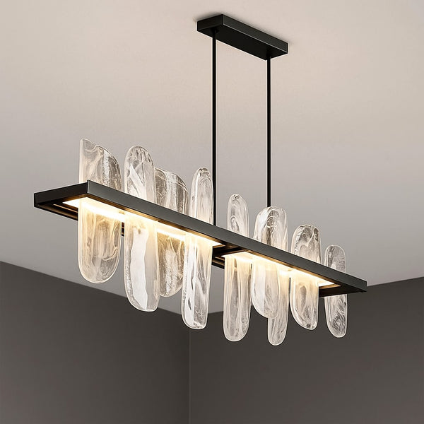 Linear Clear Glass Blade Chandelier on Steel Bar