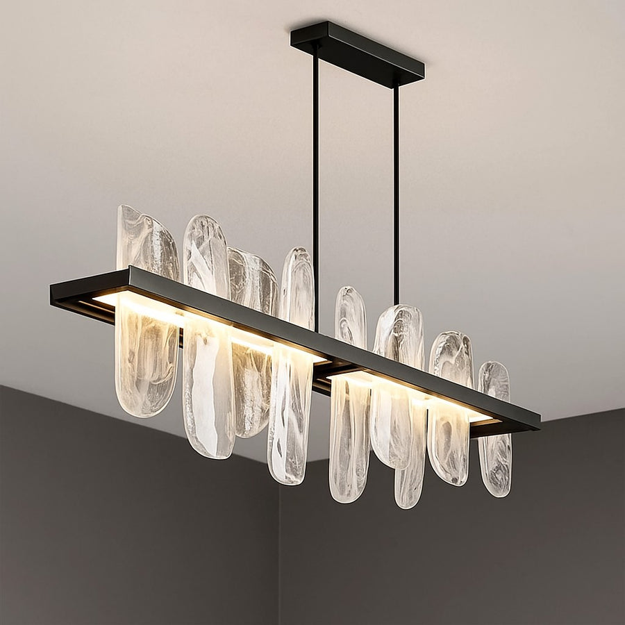 Linear Clear Glass Blade Chandelier on Steel Bar