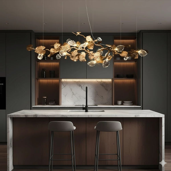 Linear Copper Branch and Glass Leaf Chandelier