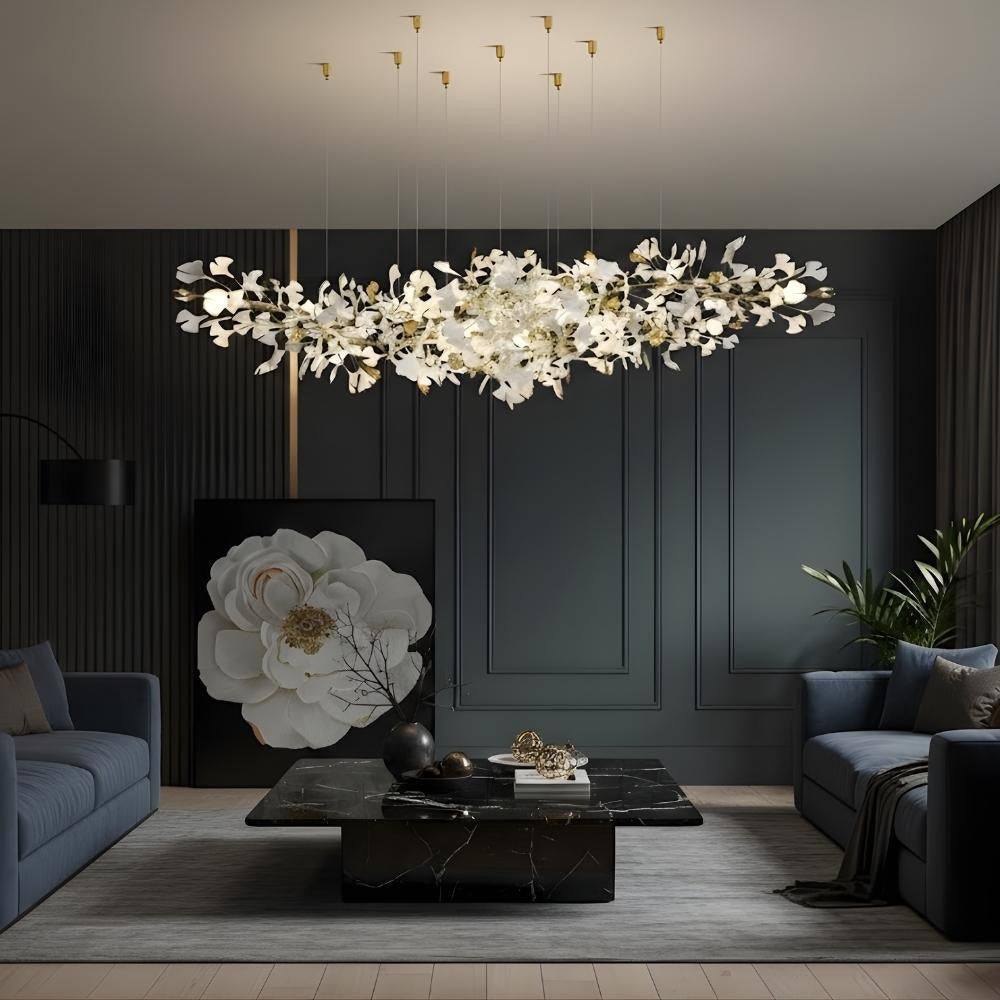 Linear Copper Branch Chandelier with Ginkgo Leaf Shades
