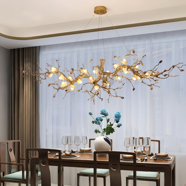 Linear Copper Branch Chandelier with Glass Flowers