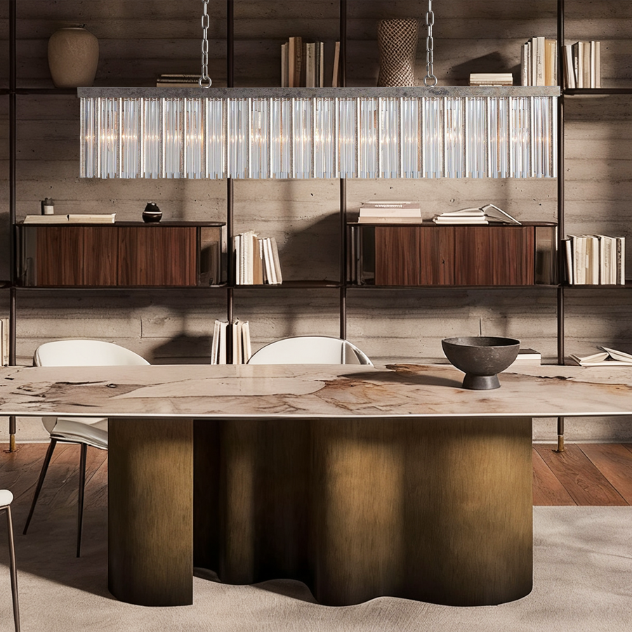 Linear Crystal and Antique Silver Iron Chandelier