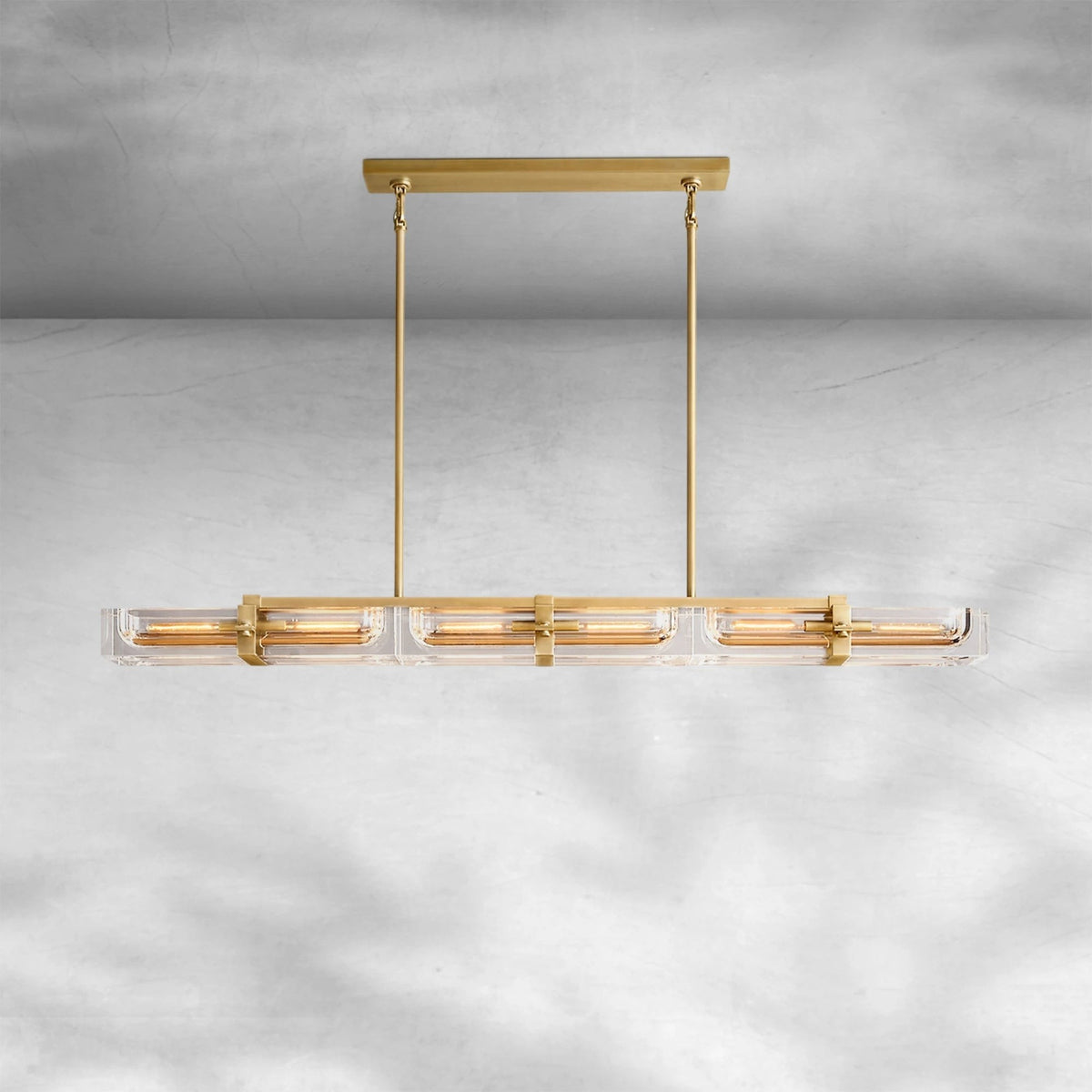 Linear Crystal Block and Sand-Cast Brass Chandelier