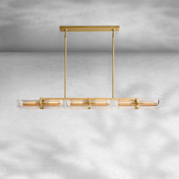Linear Crystal Block and Sand-Cast Brass Chandelier