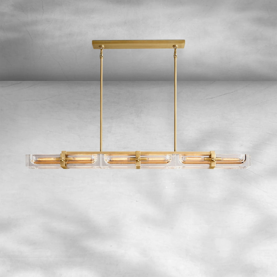 Linear Crystal Block and Sand-Cast Brass Chandelier