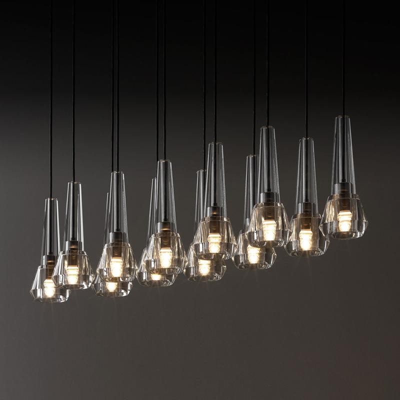 Linear Crystal Glass and Dark Steel Chandelier