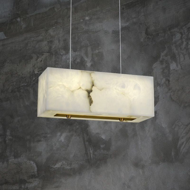 Linear Cuboid Alabaster and Brass Chandelier