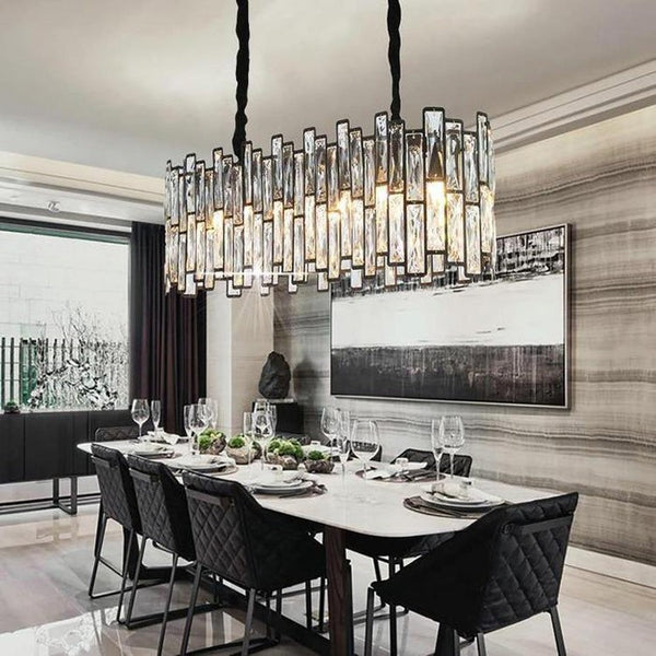 Linear Faceted Crystal and Polished Steel Chandelier