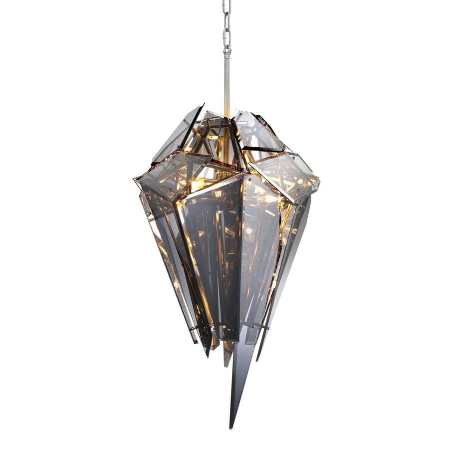 Linear Faceted Diamond Beveled Glass and Brass Chandelier
