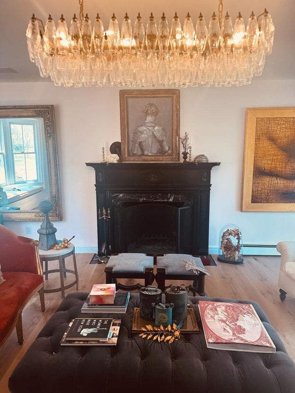 Linear Faceted Glass and Matte Gold Chandelier