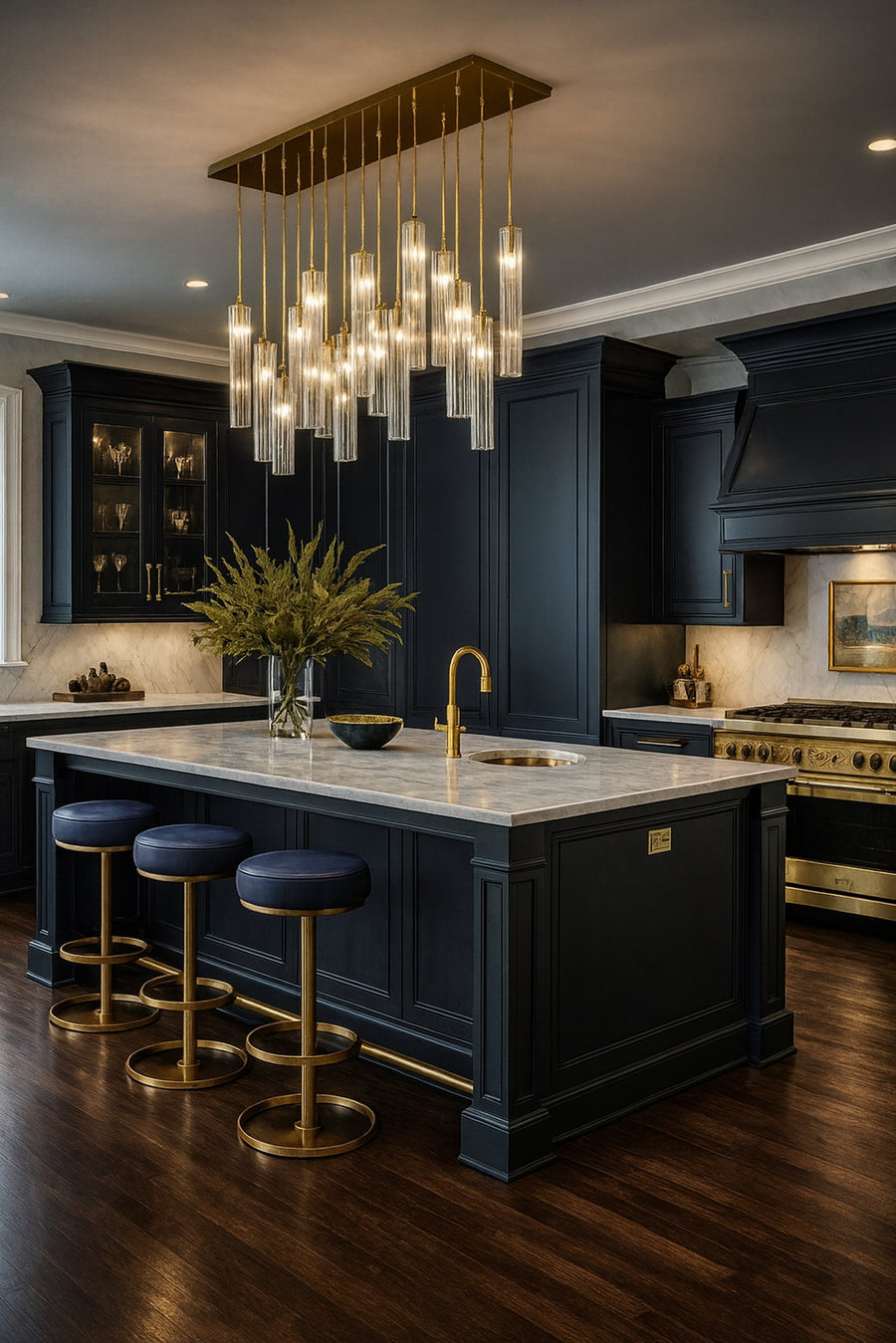 Linear Fluted Glass Cluster Brass Chandelier