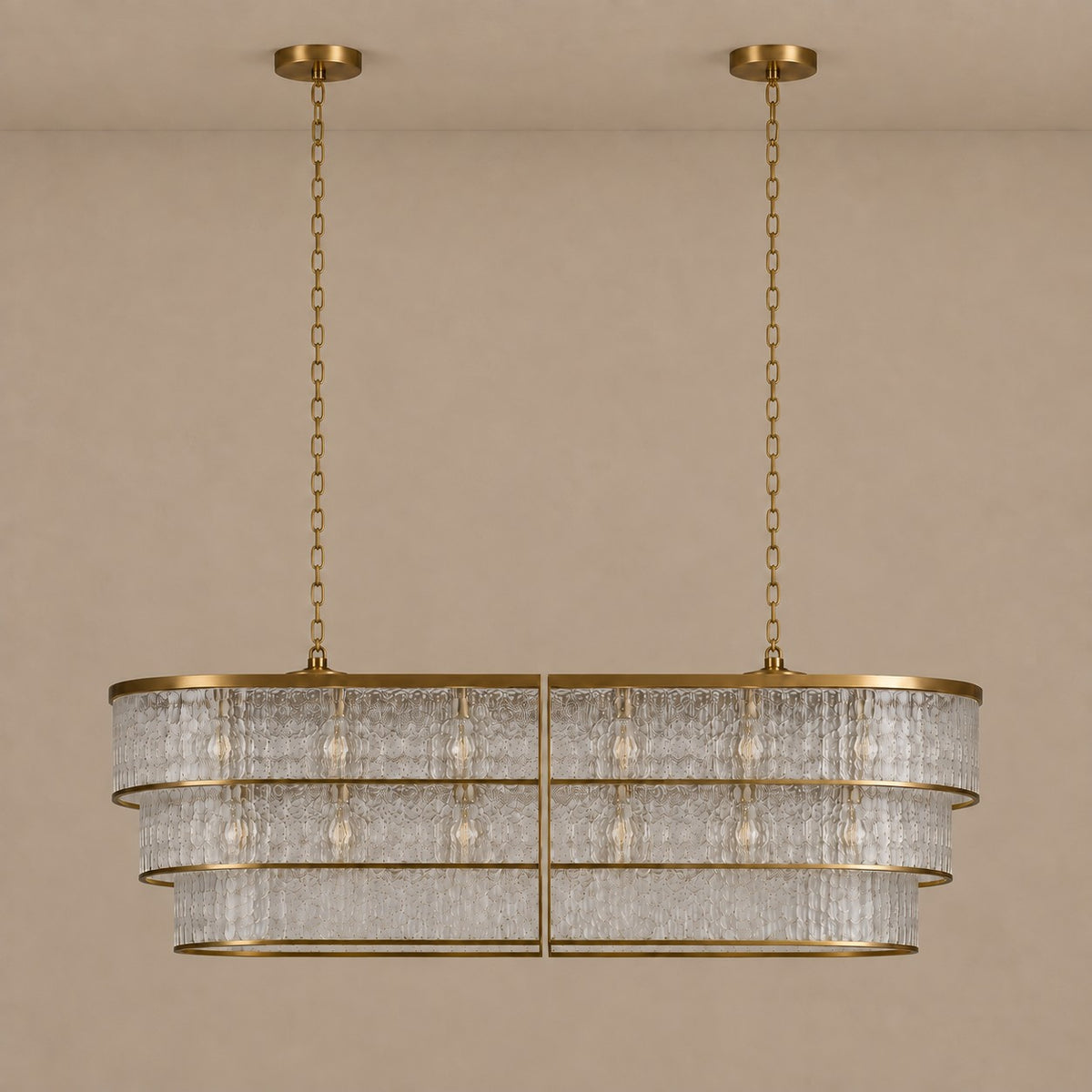 Linear Frosted Glass and Brass Chandelier