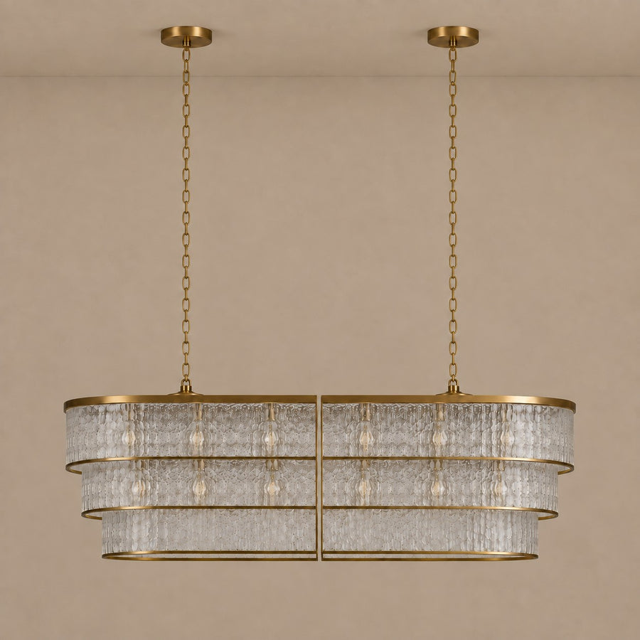 Linear Frosted Glass and Brass Chandelier