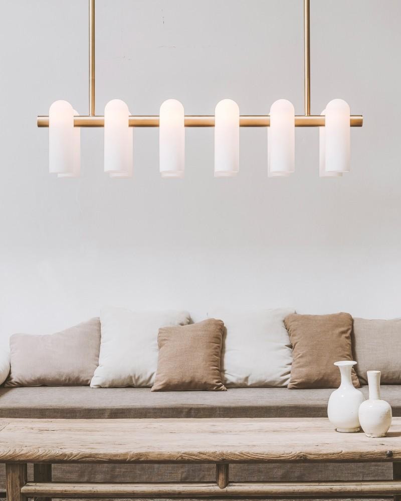 Linear Frosted Glass and Brass Chandelier