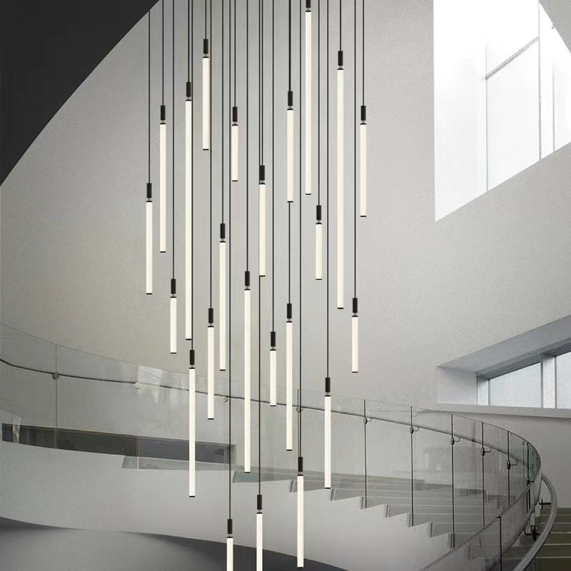 Linear Frosted Glass Tube Pendant with Black Iron Frame