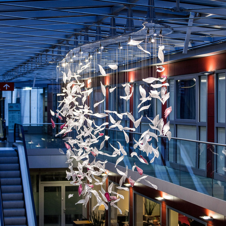 Linear Glass Feather Cluster Steel Chandelier