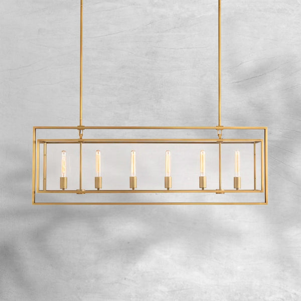 Linear Glass Panel Lantern Chandelier in Steel