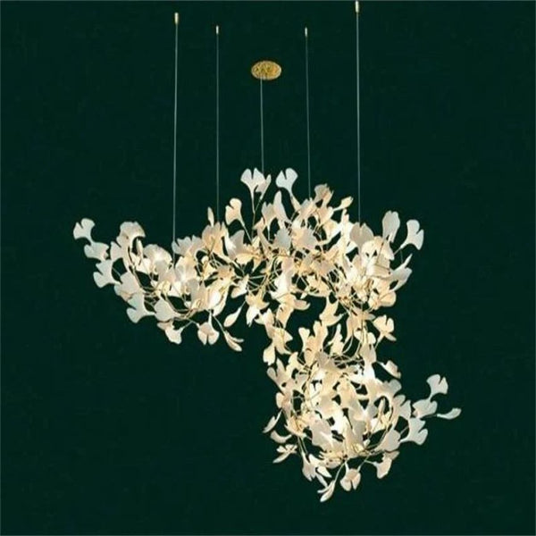 Linear Gold Branch Chandelier with Ceramic Ginkgo Leaves