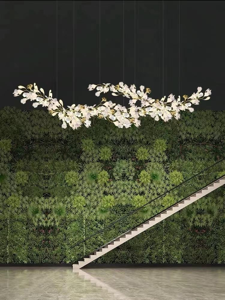 Linear Gold Branch Chandelier with Porcelain Ginkgo Leaves