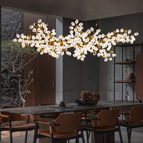 Linear Gold Branch Chandelier with Textured Glass Globes