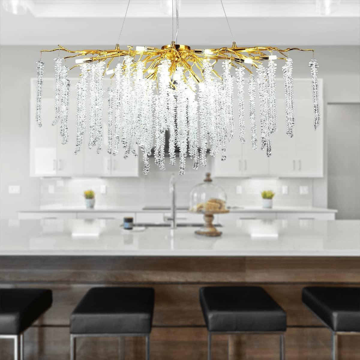 Linear Gold Branch Chandelier with White Crystals