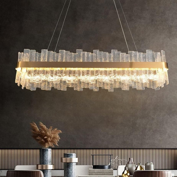 Linear Gold Steel and Crystal Rectangular Chandelier