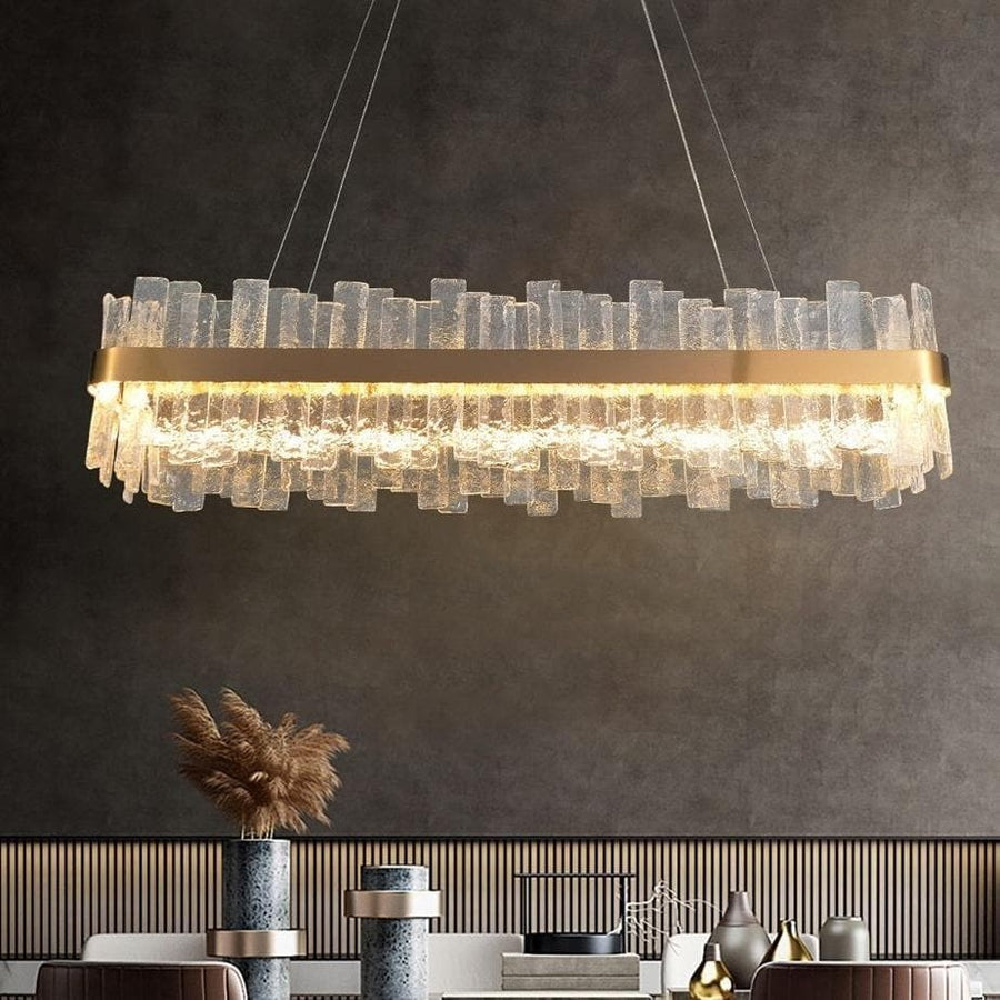 Linear Gold Steel and Crystal Rectangular Chandelier