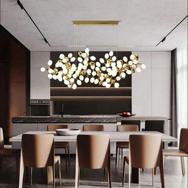 Linear Gold Vine Chandelier with Milk Glass Spheres