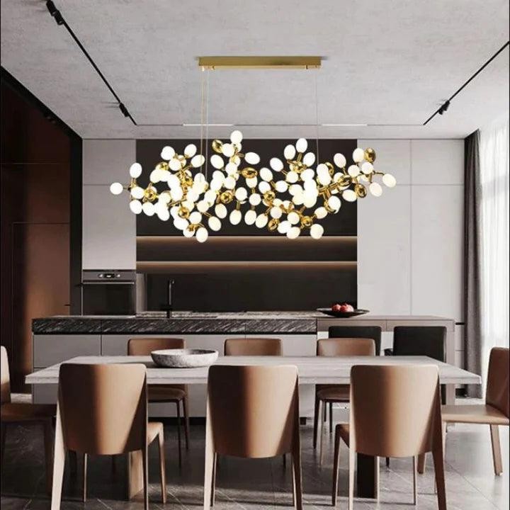 Linear Gold Vine Chandelier with Milk Glass Spheres