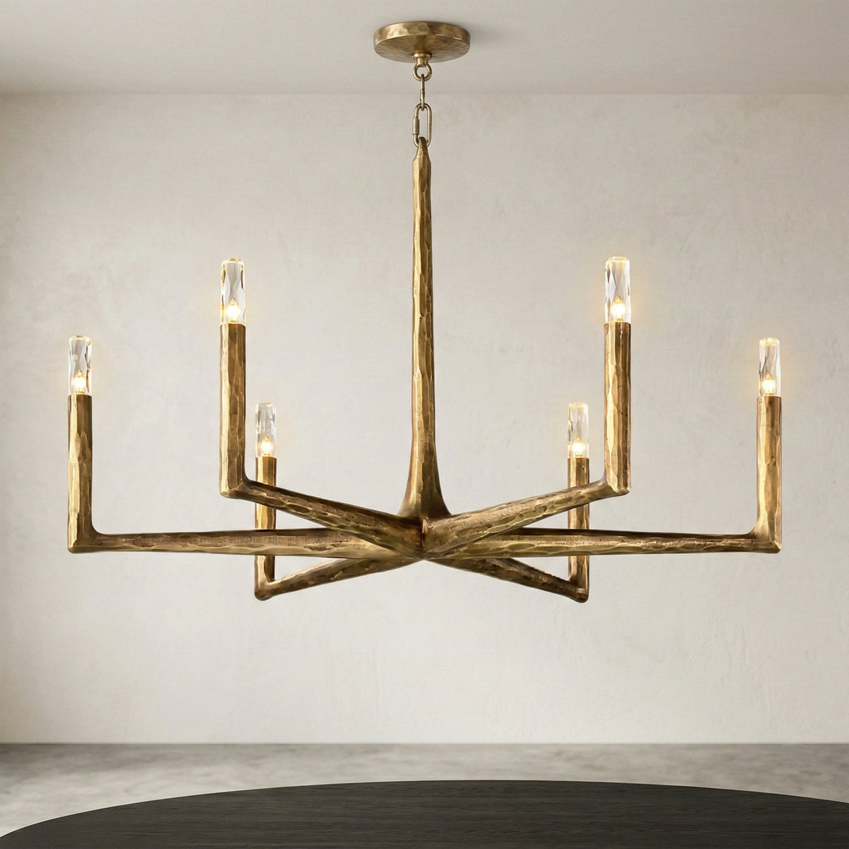 Linear Hammered Brass Branch Crystal Chandelier