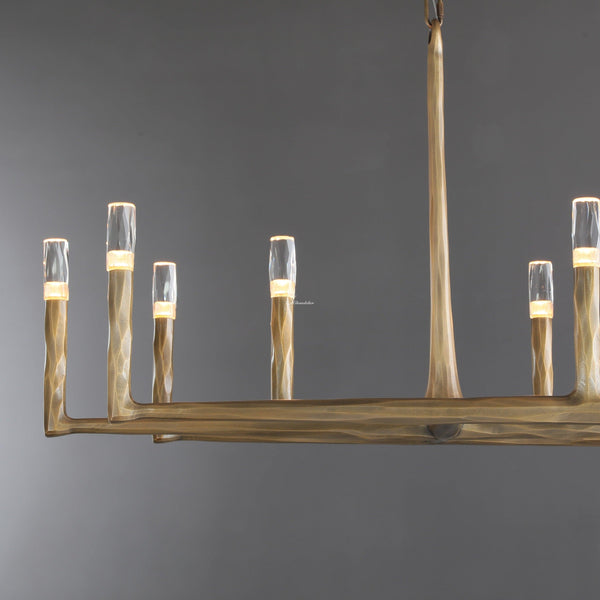 Linear Hammered Iron and Glass Chandelier