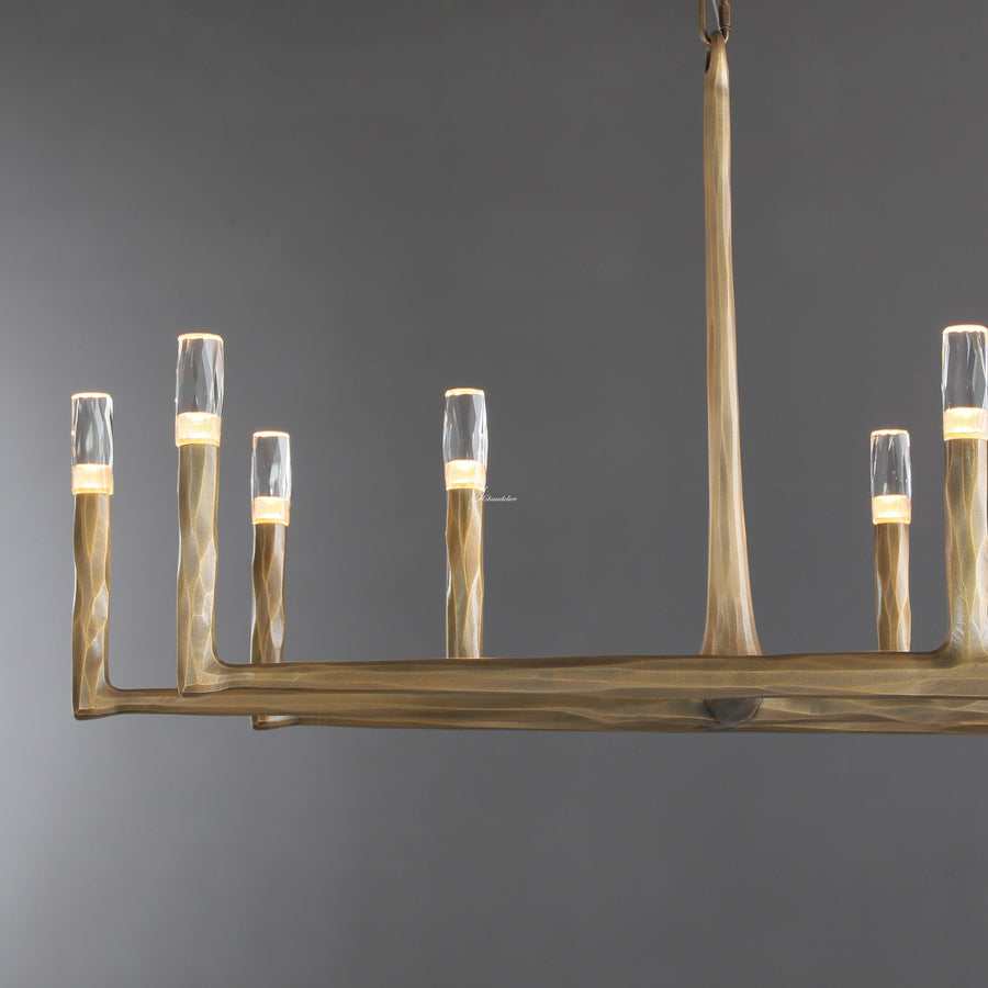 Linear Hammered Iron and Glass Chandelier