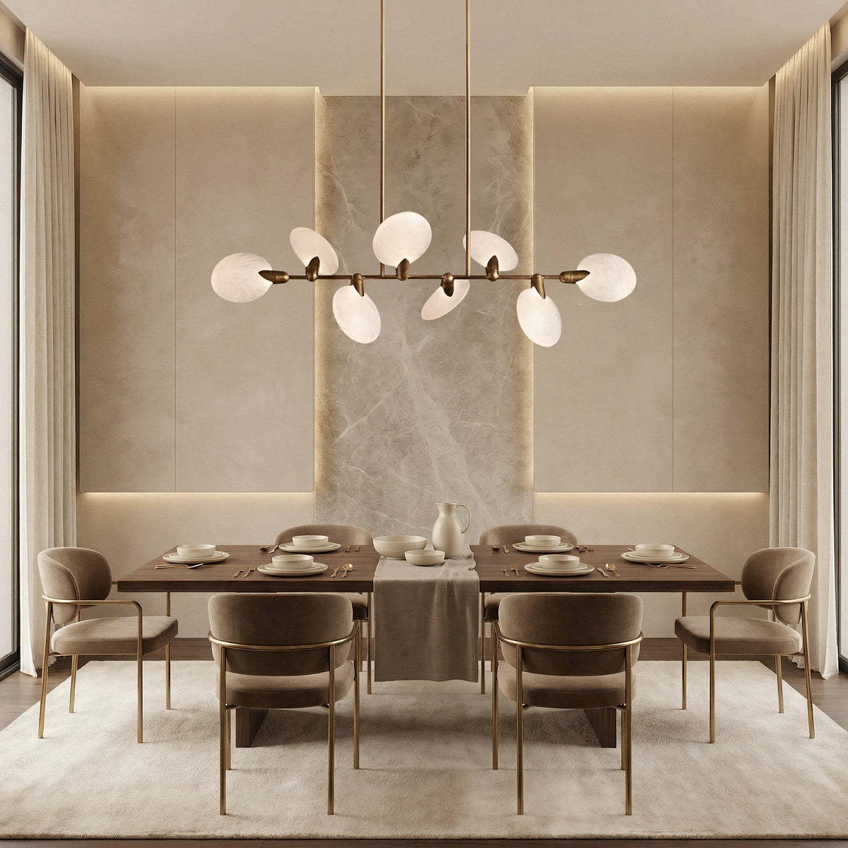 Linear Hand-Blown Glass Disc Brass Chandelier