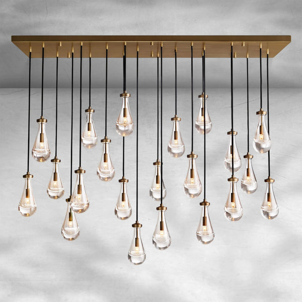 Linear Hand-Blown Glass Drop Brass Chandelier