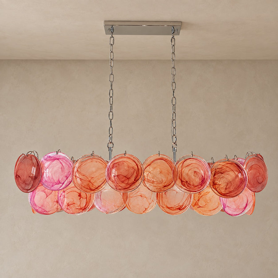 Linear Iridescent Red Glass Disc Chandelier