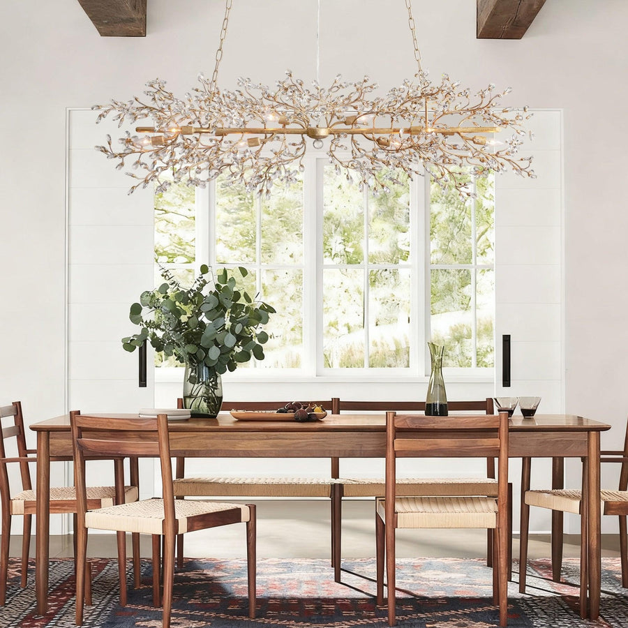 Linear Iron Branch Chandelier with Crystal Blossoms