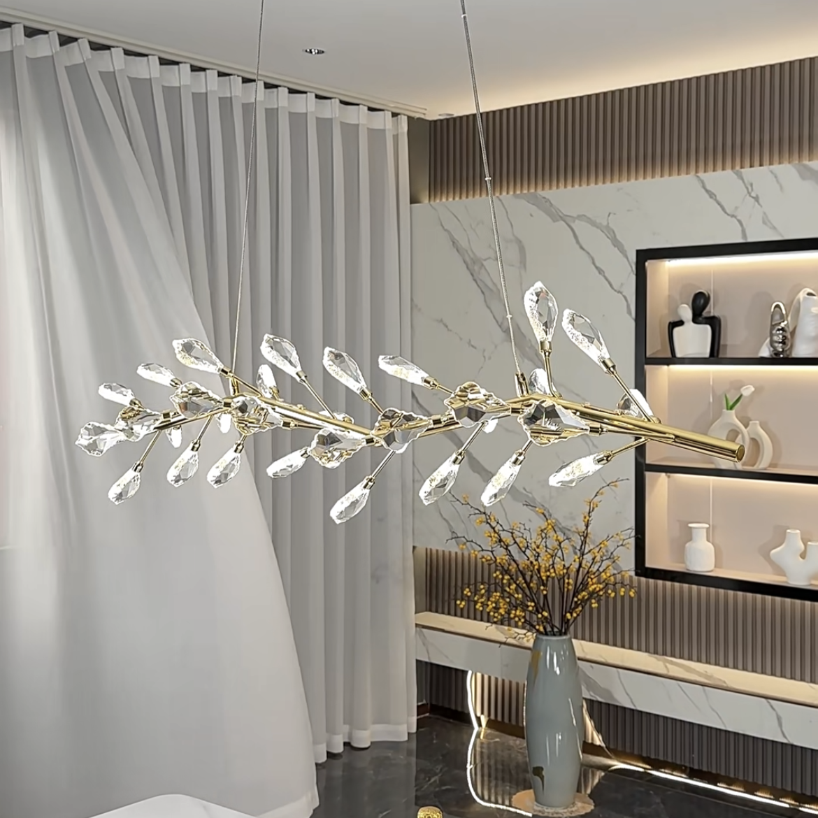 Linear Iron Branch Chandelier with Crystal Leaves