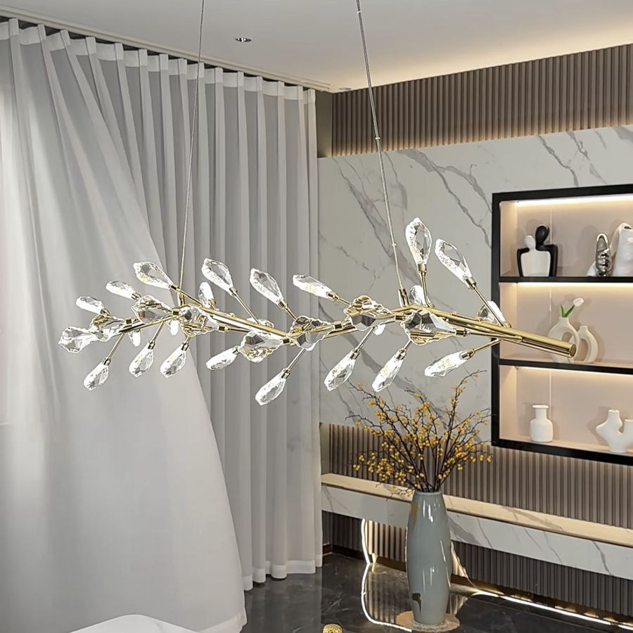 Linear Iron Branch Chandelier with Crystal Leaves
