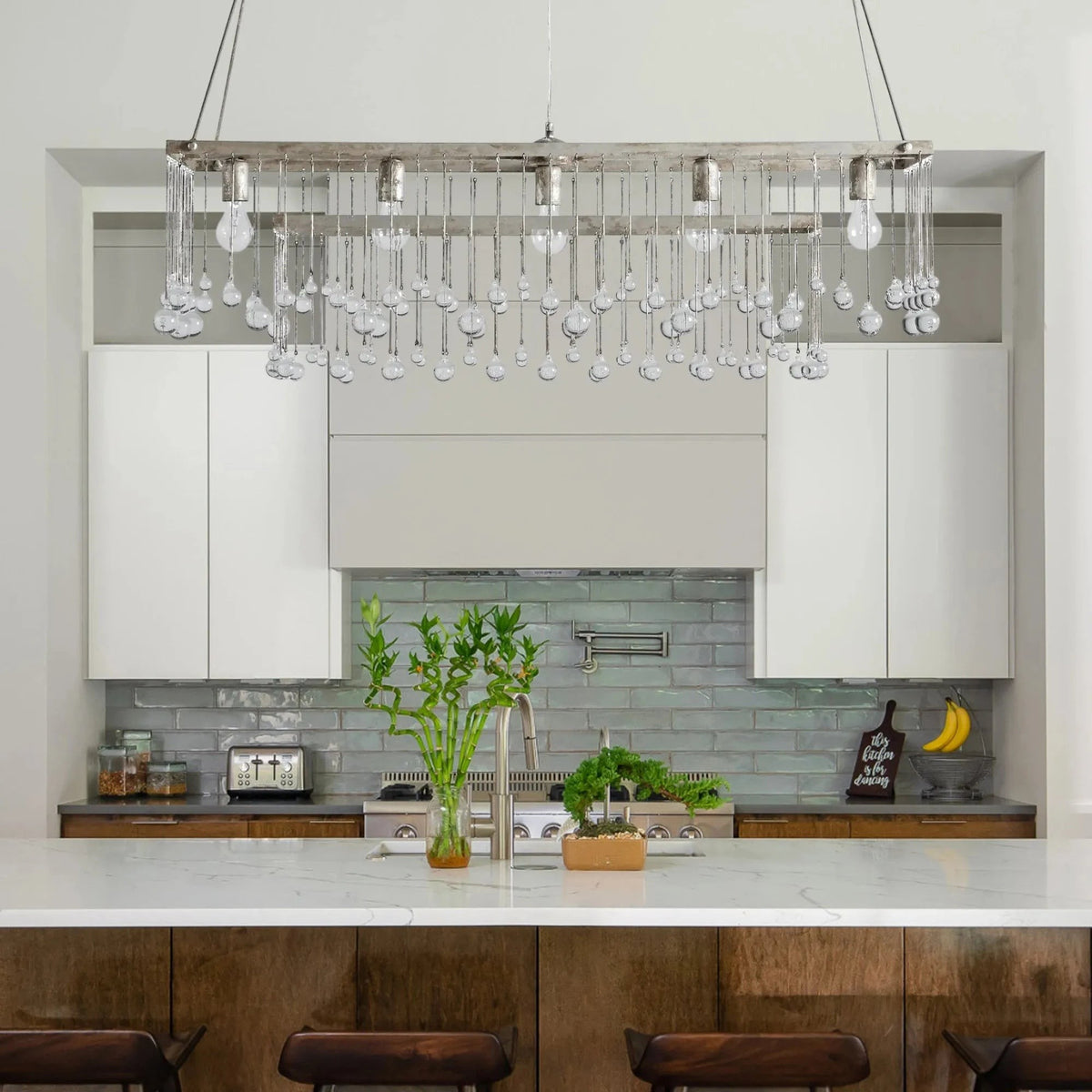 Linear Iron Chandelier with Staggered Crystal Drops