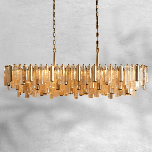 Linear Layered Cast Glass and Aluminum Chandelier