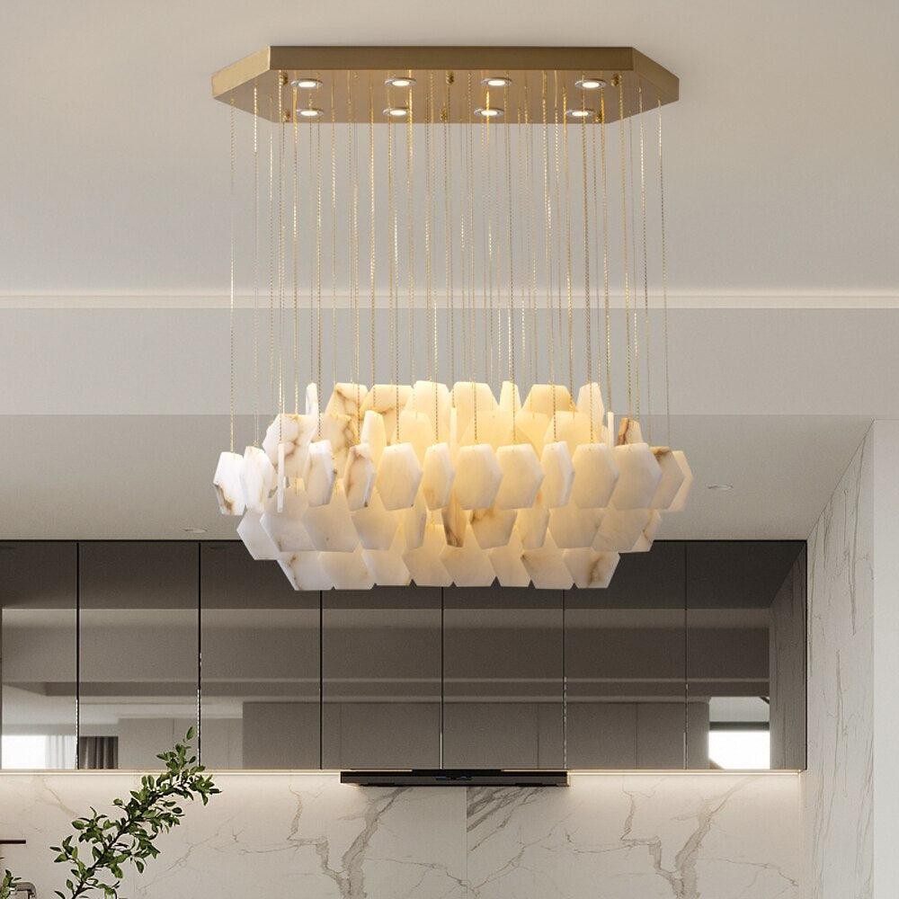 Linear Marble Disc Chandelier with Brass Chain